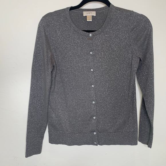 LOFT Gray Silver Metallic Cardigan Hight Neck Small Petite - Picture 5 of 8